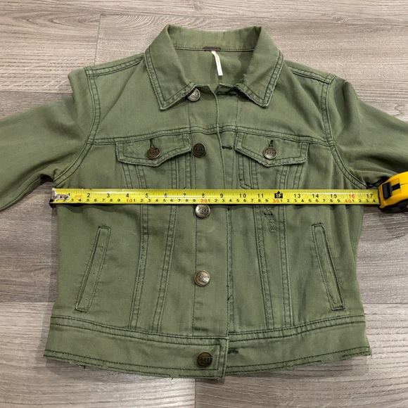 SOLD- Free People Distressed Denim Jacket Green Army Women’s  XS 0 Pretty Little - Picture 15 of 16